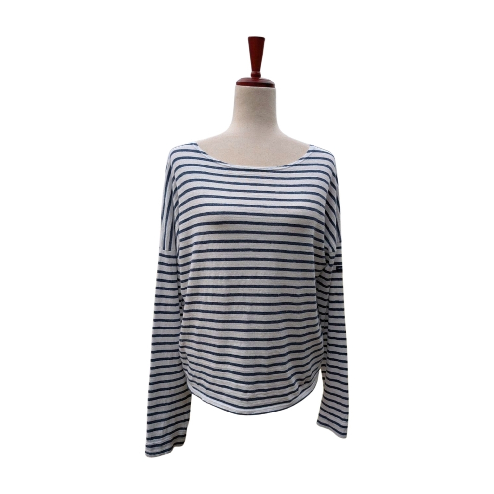Saint James + Jenni Kayne Drop Shoulder Navy and White Striped Linen Blend Tee M